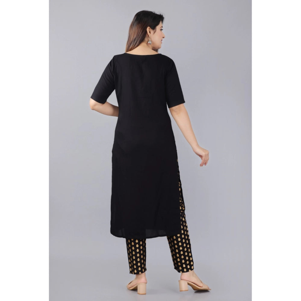 Generic Women's Casual Half Sleeve Solid Rayon Kurti With Pant And Dupatta Set (Black)