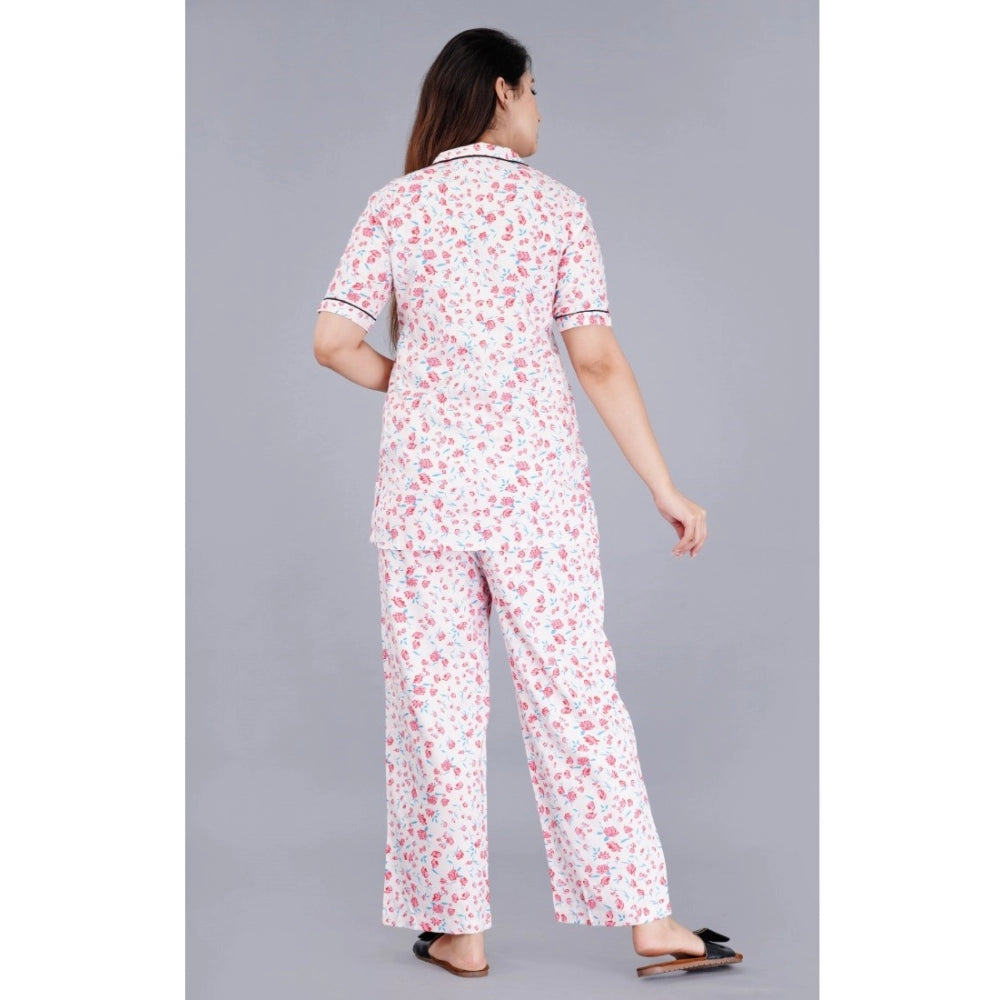 Generic Women's Casual Half Sleeve Printed Viscose Rayon Shirt With Pyjama Pant Night Suit Set (Baby Pink)