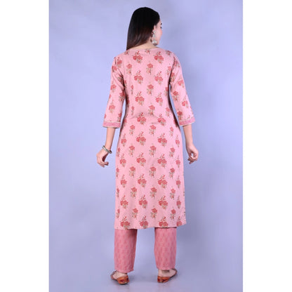 Generic Women's Casual 3/4 Sleeve Printed Rayon Kurti With Pant Set (Pink)