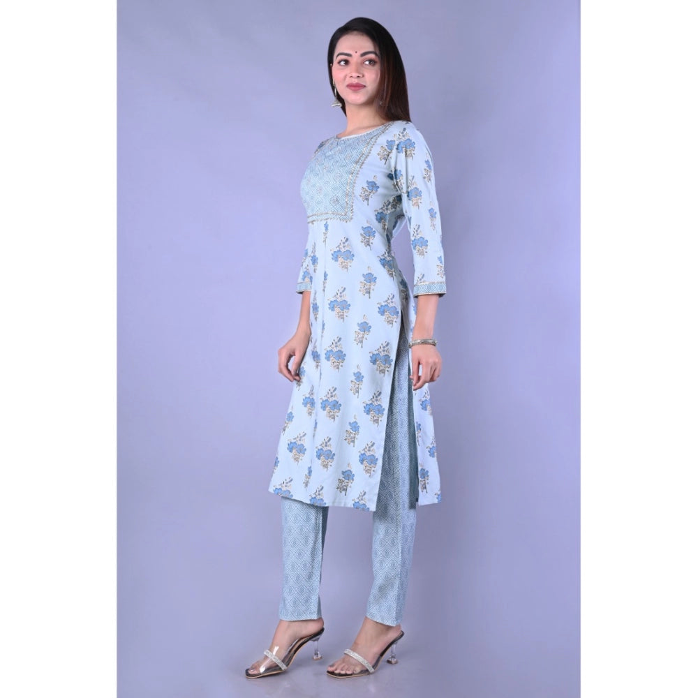 Generic Women's Casual 3/4 Sleeve Printed Rayon Kurti With Pant Set (Blue)