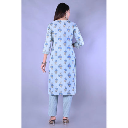 Generic Women's Casual 3/4 Sleeve Printed Rayon Kurti With Pant Set (Blue)