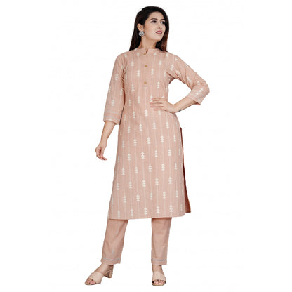 Generic Women's Casual 3/4 Sleeve Printed Rayon Kurti With Pant Set (Beige)