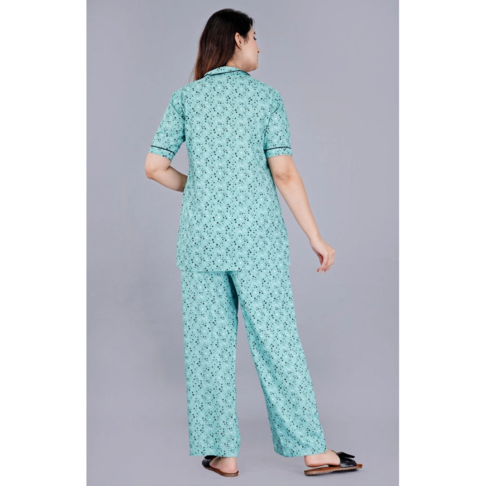 Generic Women's Casual Half Sleeve Printed Viscose Rayon Shirt With Pyjama Pant Night Suit Set (Green)