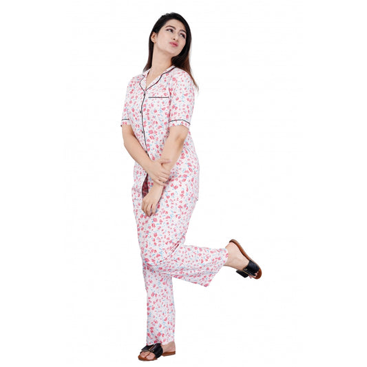 Generic Women's Casual Half Sleeve Printed Viscose Rayon Shirt With Pyjama Pant Night Suit Set (Baby Pink)