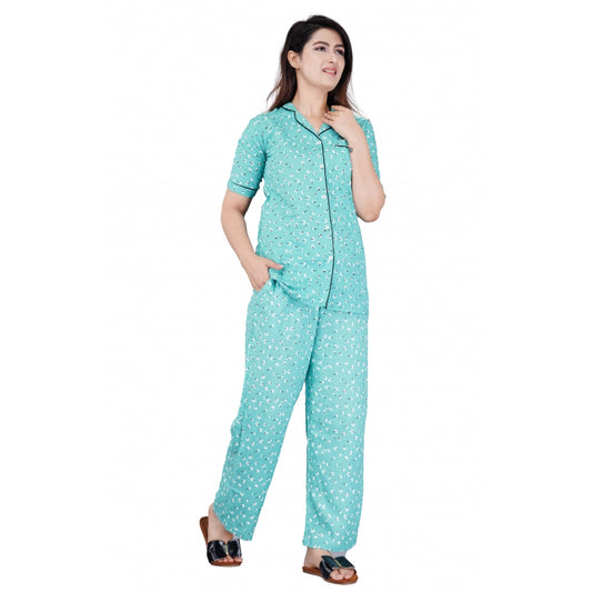 Generic Women's Casual Half Sleeve Printed Viscose Rayon Shirt With Pyjama Pant Night Suit Set (Green)