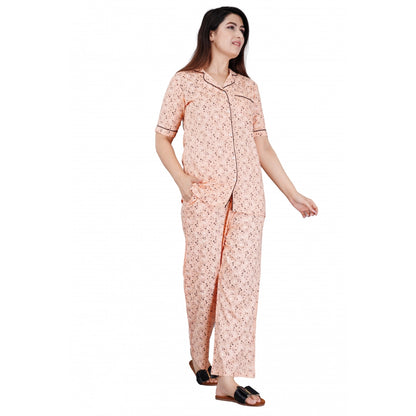 Generic Women's Casual Half Sleeve Printed Viscose Rayon Shirt With Pyjama Pant Night Suit Set (Peach)