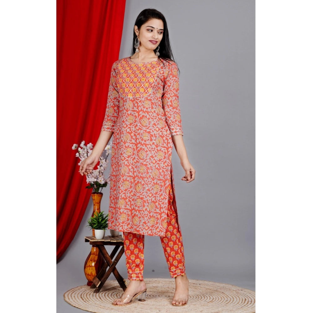 Generic Women's Casual 3/4 Sleeve Printed Rayon Kurti With Pant Set (Peach)