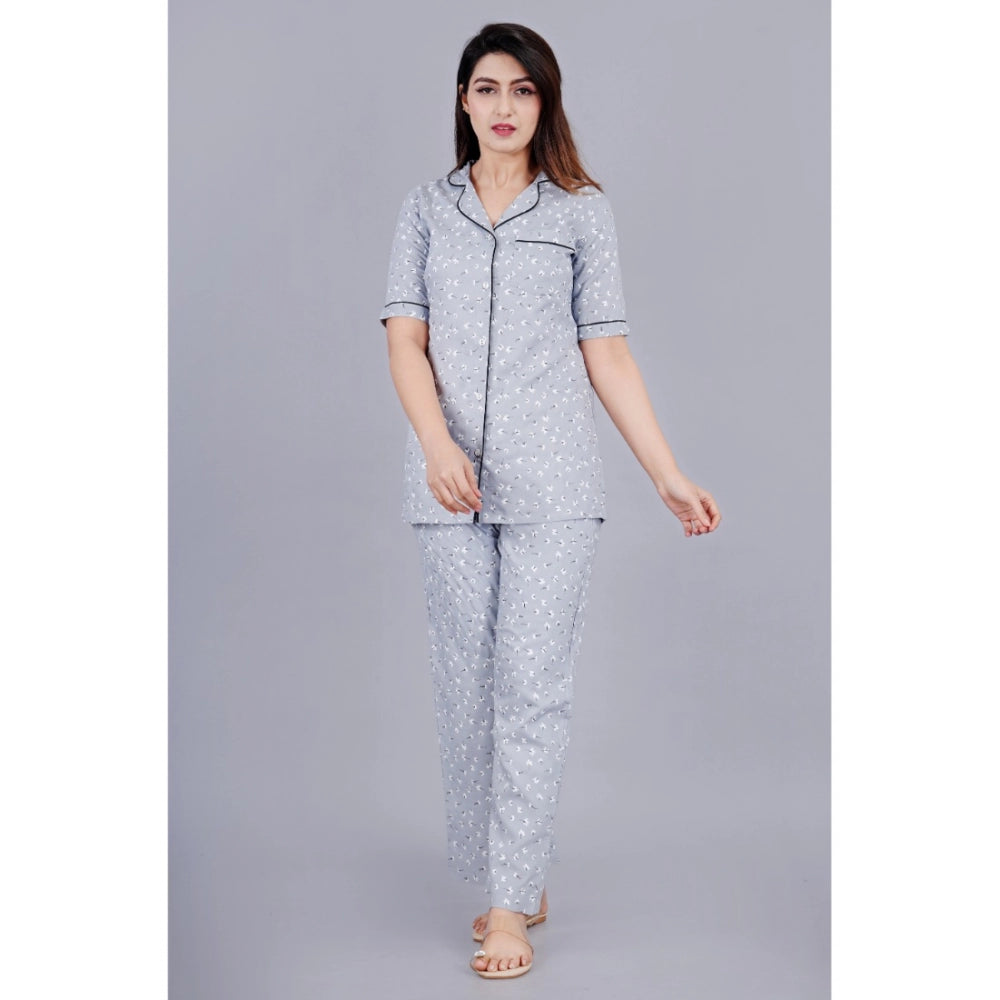 Generic Women's Casual Half Sleeve Printed Viscose Rayon Shirt With Pyjama Pant Night Suit Set (Grey)