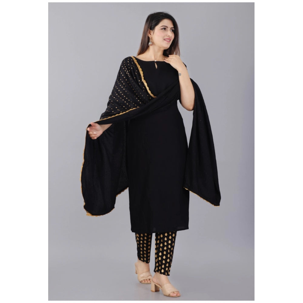 Generic Women's Casual Half Sleeve Solid Rayon Kurti With Pant And Dupatta Set (Black)