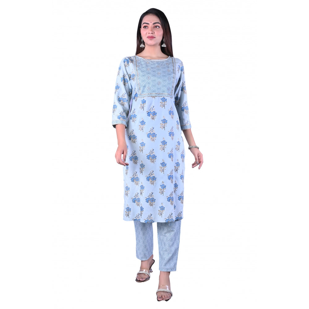 Generic Women's Casual 3/4 Sleeve Printed Rayon Kurti With Pant Set (Blue)