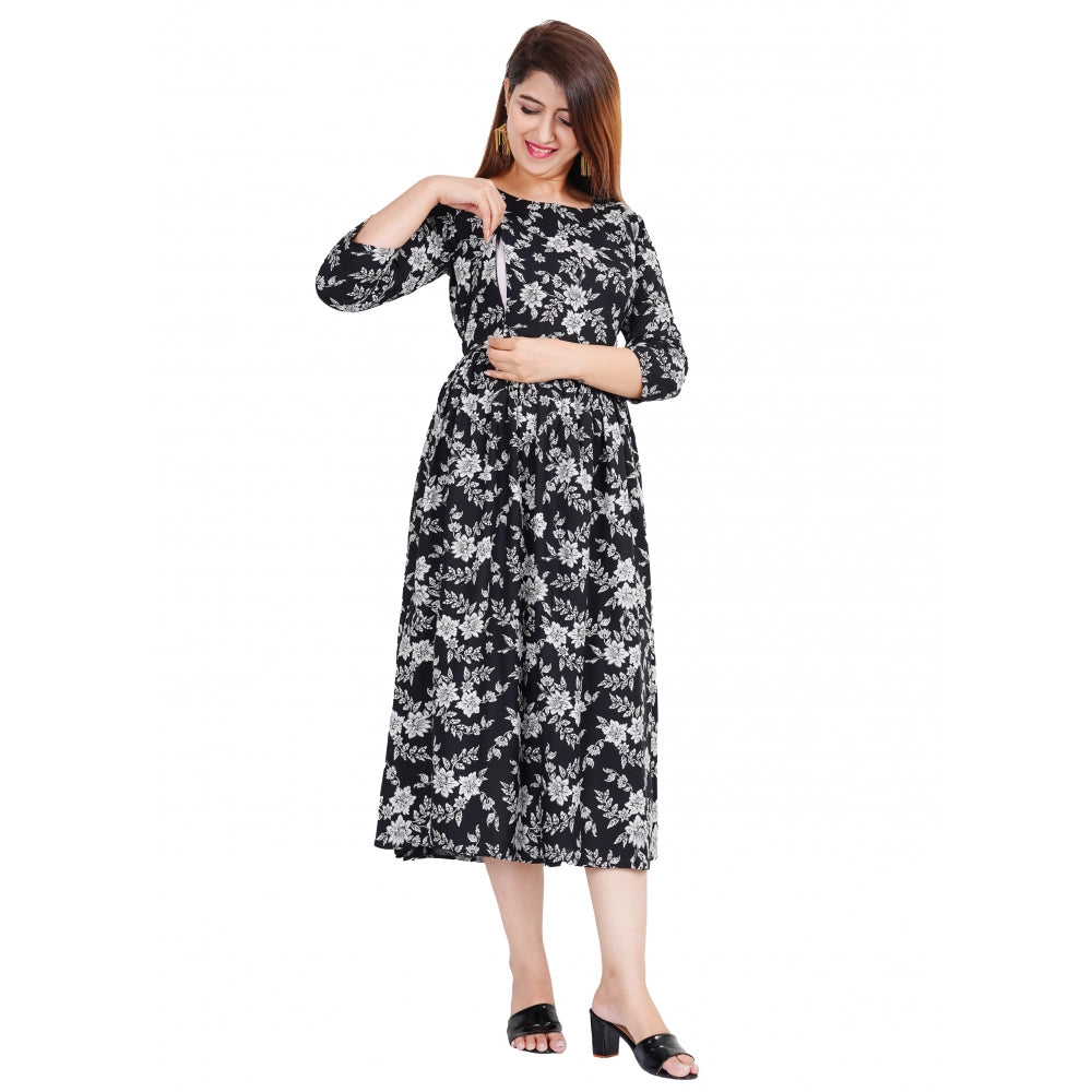 Generic Women's Casual 3/4 Sleeve Printed Viscose Maternity Feeding Kurti (Black)