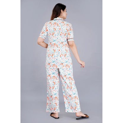 Generic Women's Casual Half Sleeve Printed Viscose Rayon Shirt With Pyjama Pant Night Suit Set (White)