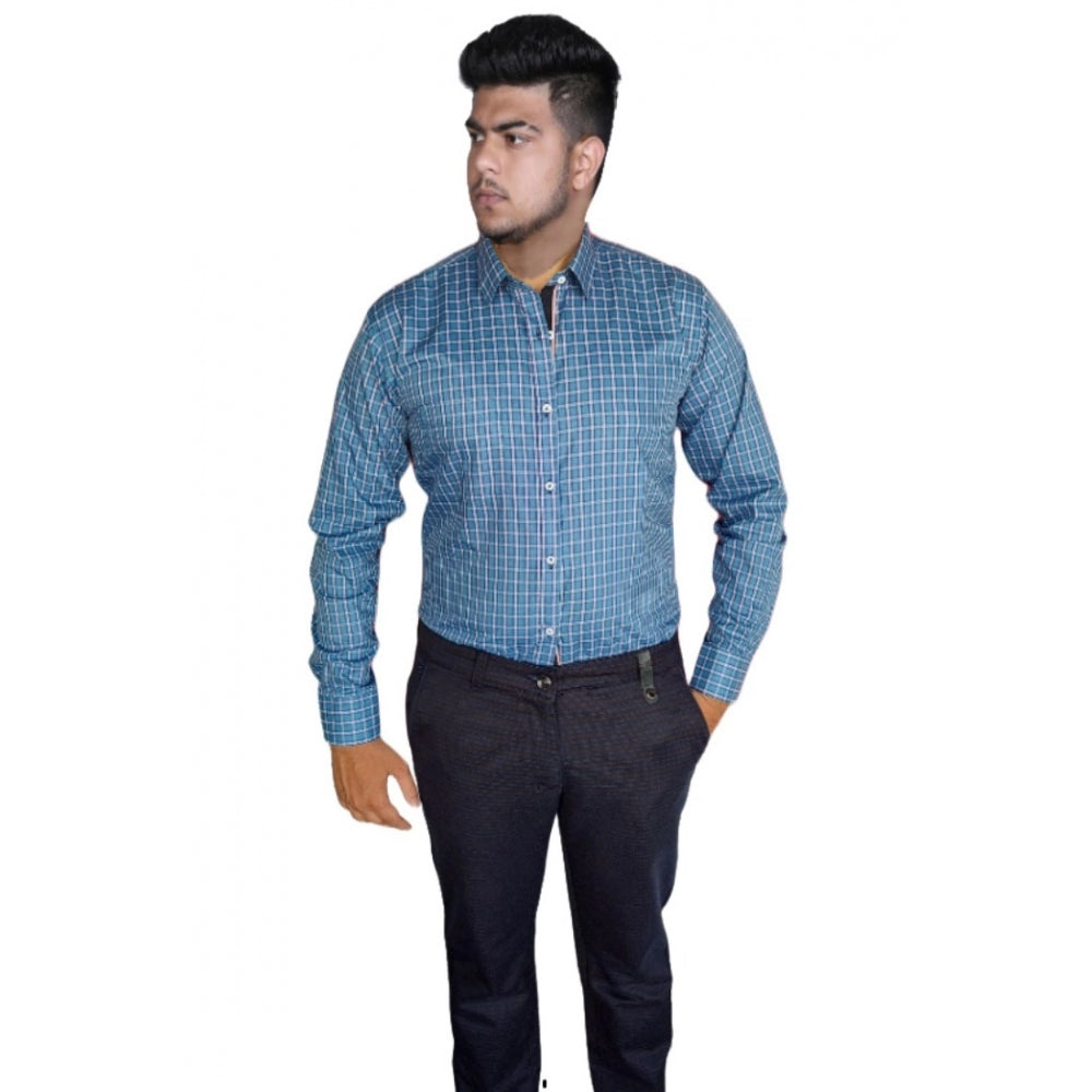 Generic Men's Cotton Lycra Full Sleeve Checked Casual Shirt (Blue)