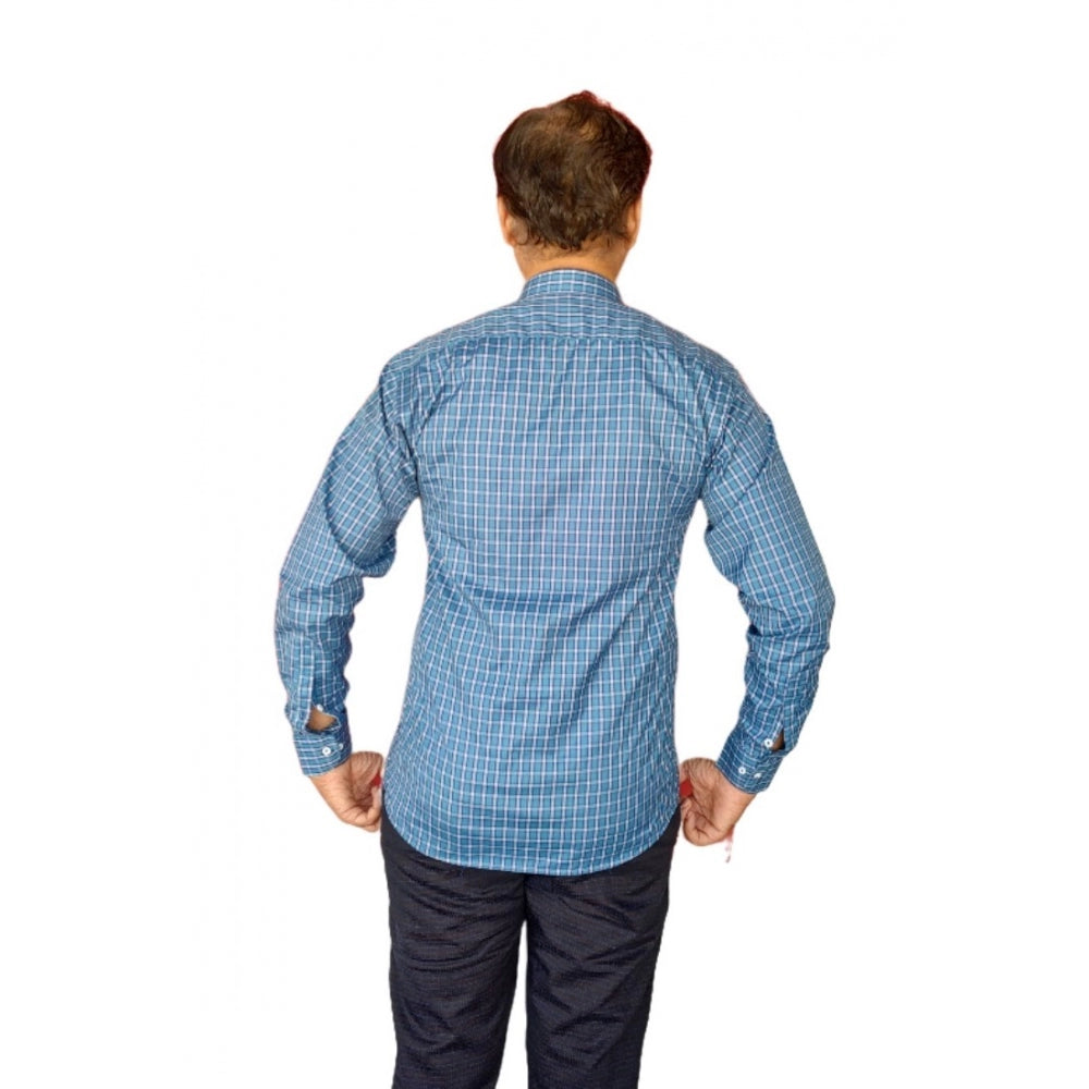 Generic Men's Cotton Lycra Full Sleeve Checked Casual Shirt (Blue)