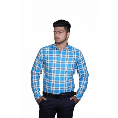 Generic Men's Cotton Lycra Full Sleeve Checked Casual Shirt (Blue White)