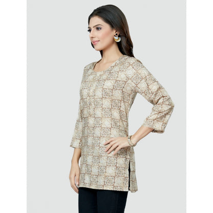 Generic Women's Casual 3/4 Sleeves Printed Rayon Short Top (Beige)