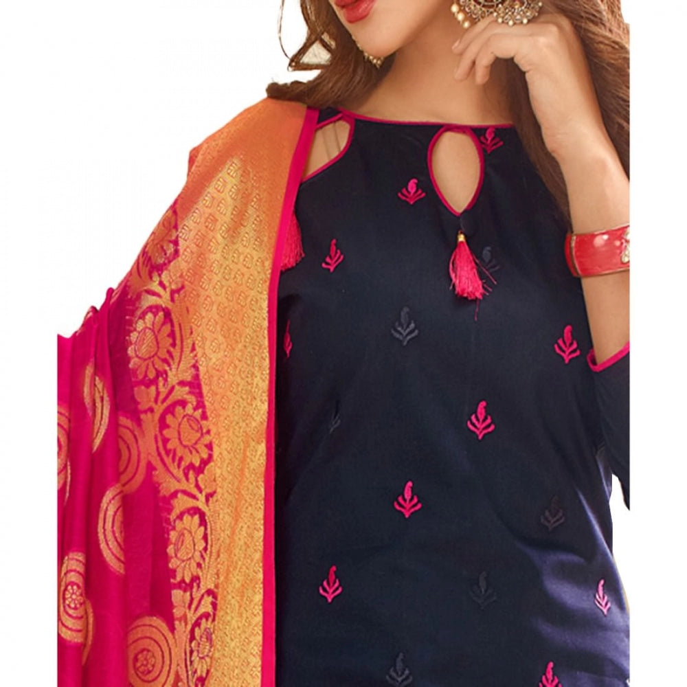 Glace Cotton Fabric Navy Blue Color Unstitched Salwar-Suit Material With Dupatta