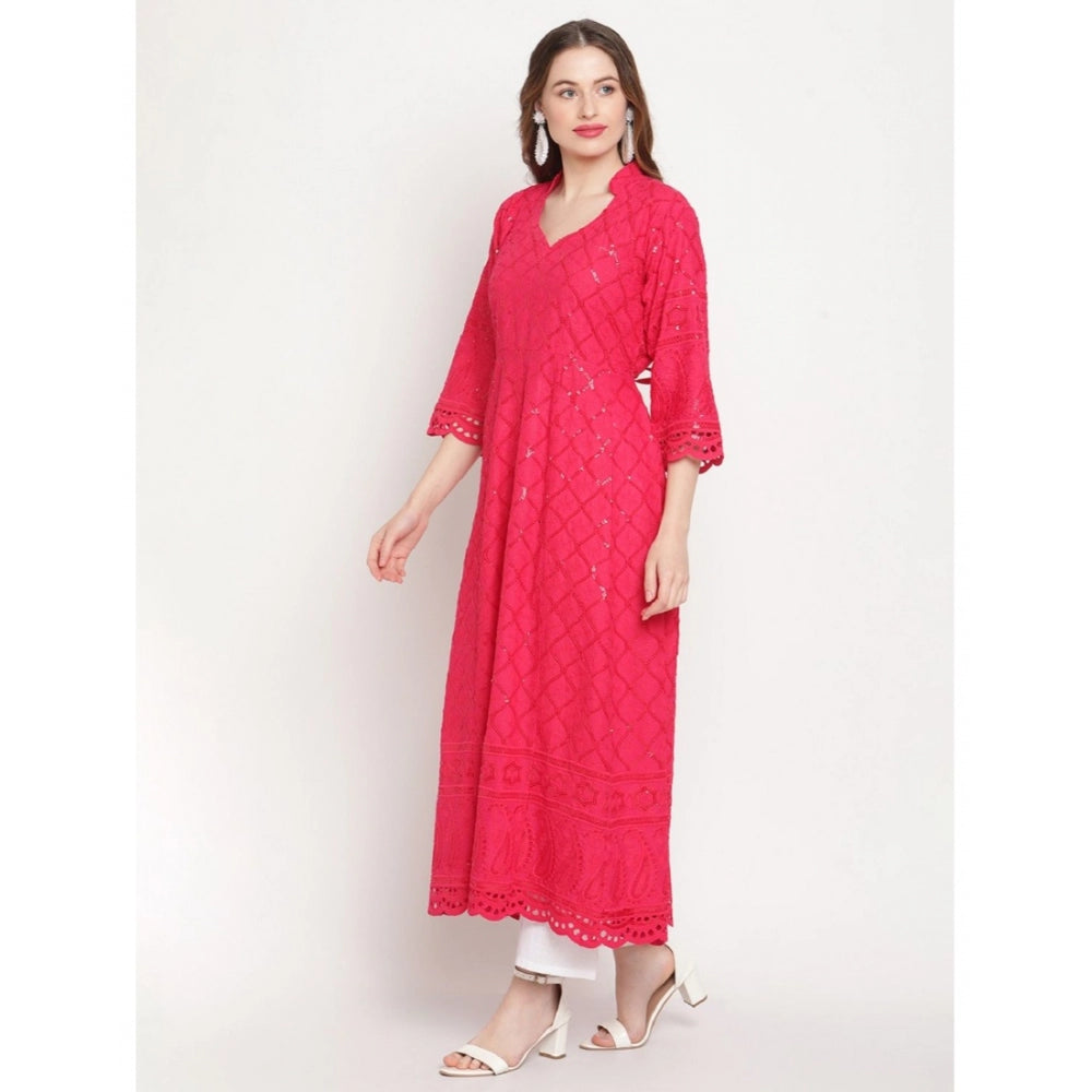 Generic Women's Casual 3/4th Sleeve Embroidered Cotton Kurti (Magenta)