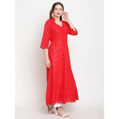 Generic Women's Casual 3/4th Sleeve Embroidered Cotton Kurti (Red)