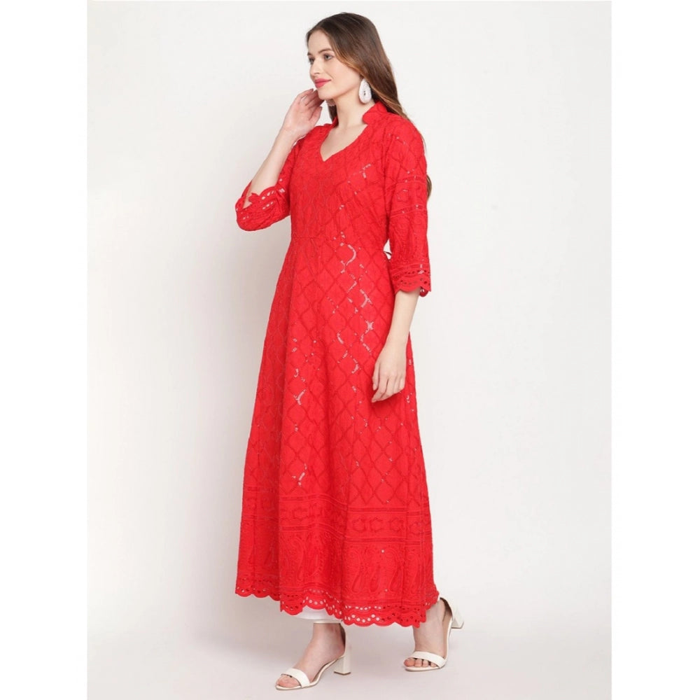 Generic Women's Casual 3/4th Sleeve Embroidered Cotton Kurti (Red)