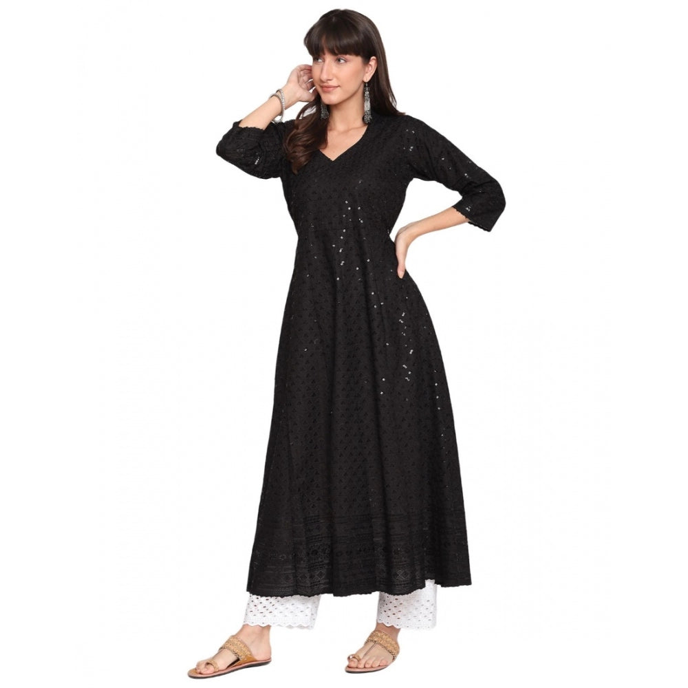 Generic Women's Casual 3/4th Sleeve Chikan Embroidery Cotton Kurti (Black)