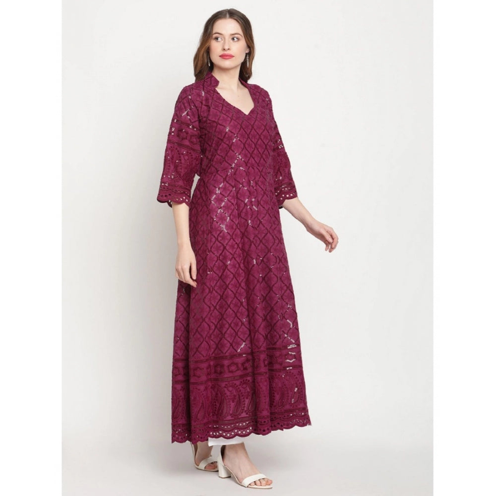 Generic Women's Casual 3/4th Sleeve Embroidered Cotton Kurti (Purple)