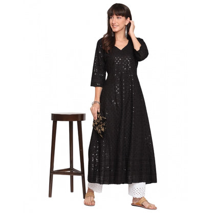 Generic Women's Casual 3/4th Sleeve Chikan Embroidery Cotton Kurti (Black)