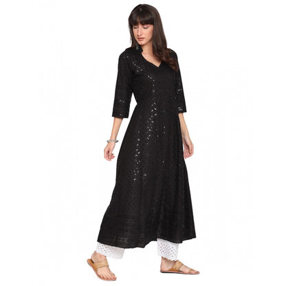 Generic Women's Casual 3/4th Sleeve Chikan Embroidery Cotton Kurti (Black)