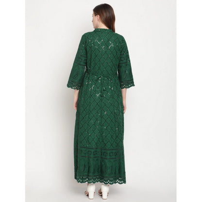 Generic Women's Casual 3/4th Sleeve Embroidered Cotton Kurti (Dark Green)