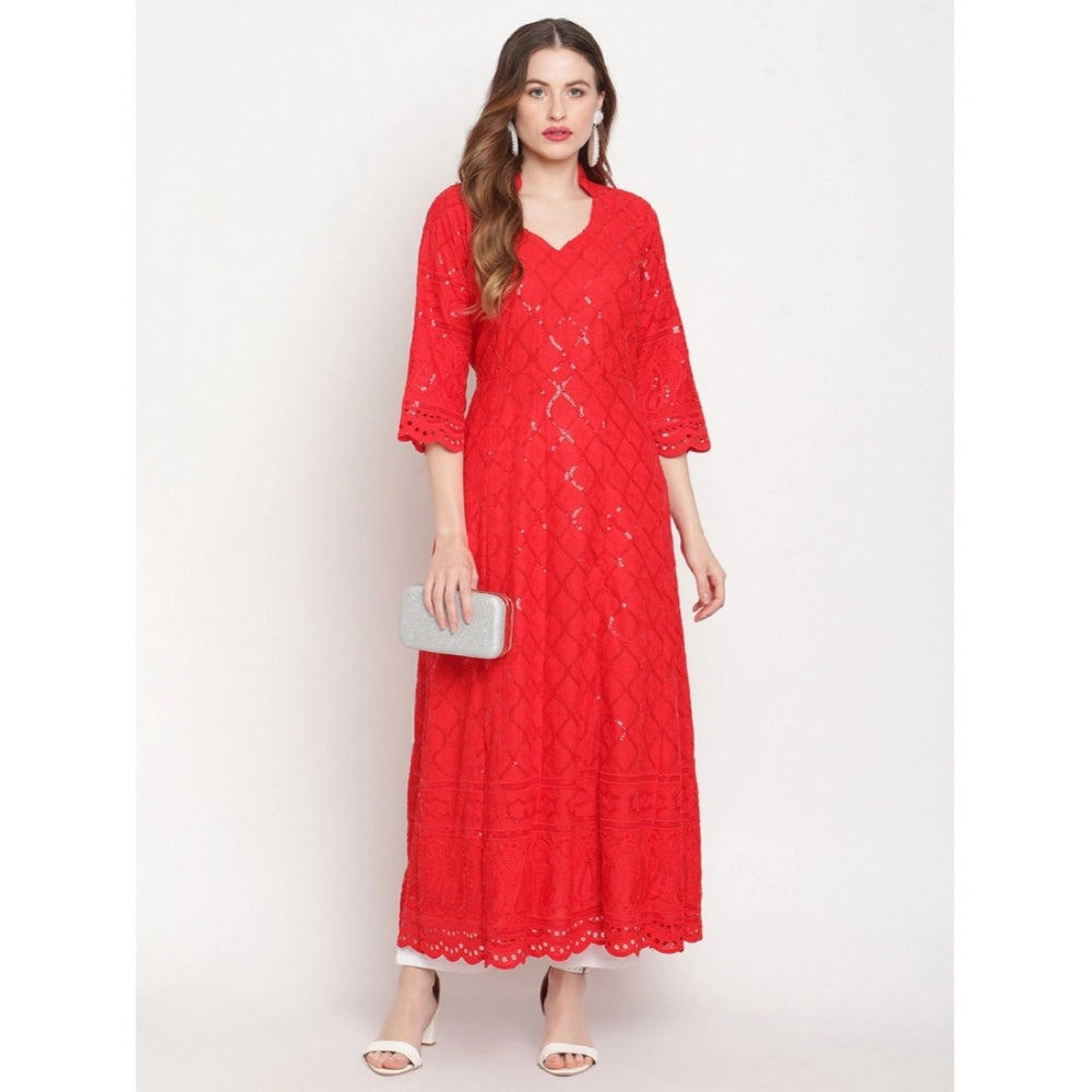 Generic Women's Casual 3/4th Sleeve Embroidered Cotton Kurti (Red)