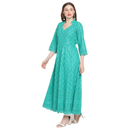 Generic Women's Casual 3/4th Sleeve Embroidered Cotton Kurti (Blue)