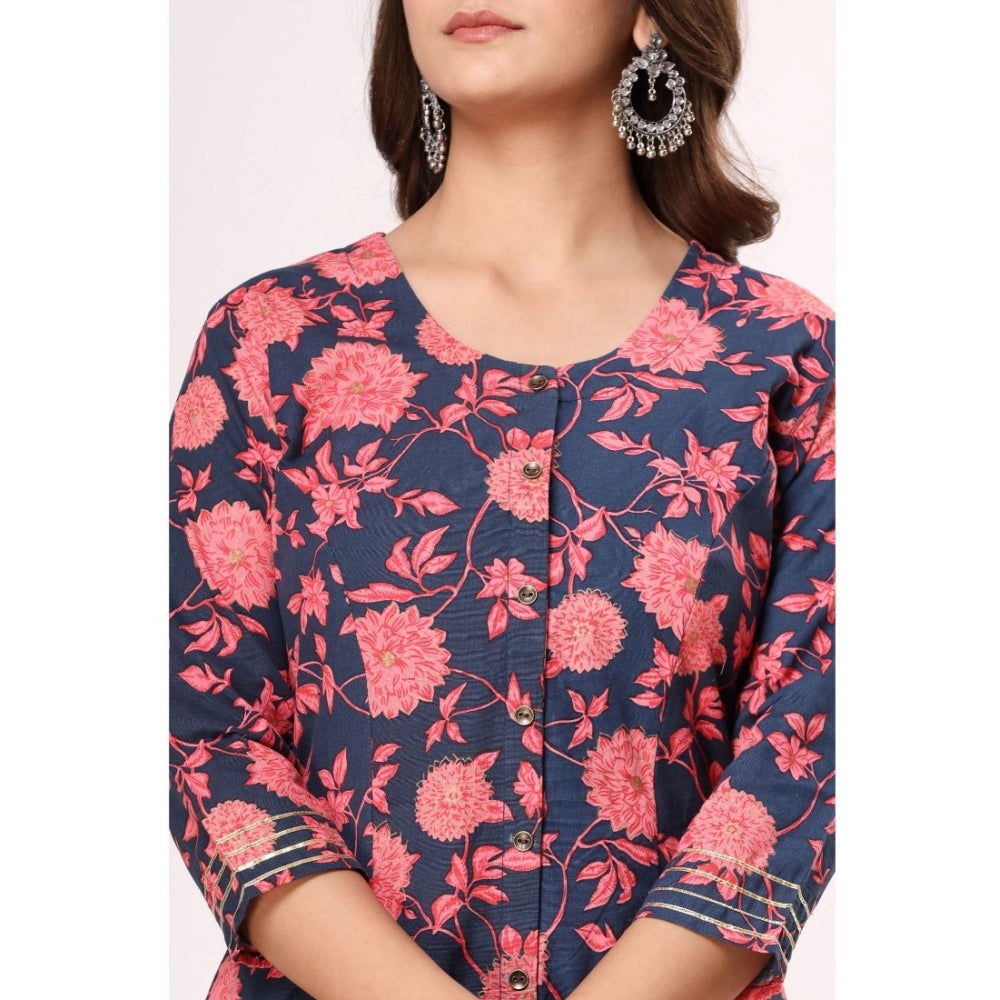 Generic Women's Casual 3/4th Sleeve Floral Printed Cotton Flex Kurti (Navy Blue-Pink)