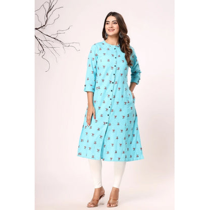 Generic Women's Casual 3/4th Sleeve Floral Printed Cotton Flex Kurti (Blue)