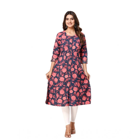 Generic Women's Casual 3/4th Sleeve Floral Printed Cotton Flex Kurti (Navy Blue-Pink)