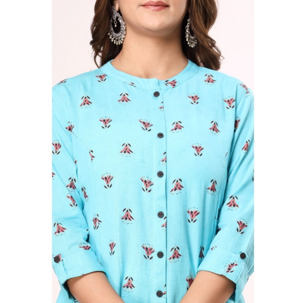 Generic Women's Casual 3/4th Sleeve Floral Printed Cotton Flex Kurti (Blue)