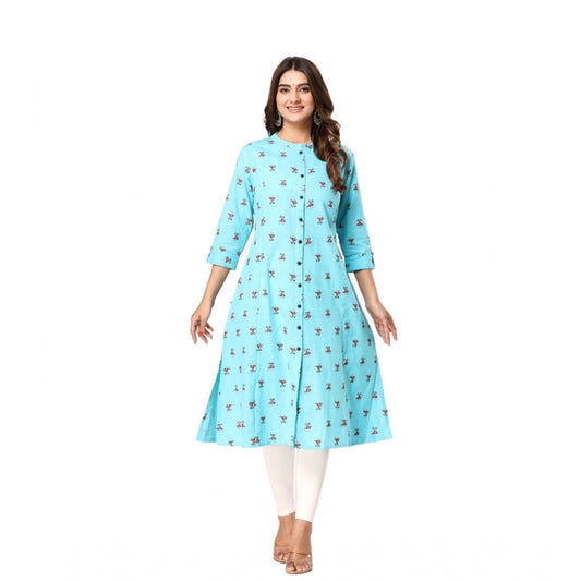 Generic Women's Casual 3/4th Sleeve Floral Printed Cotton Flex Kurti (Blue)