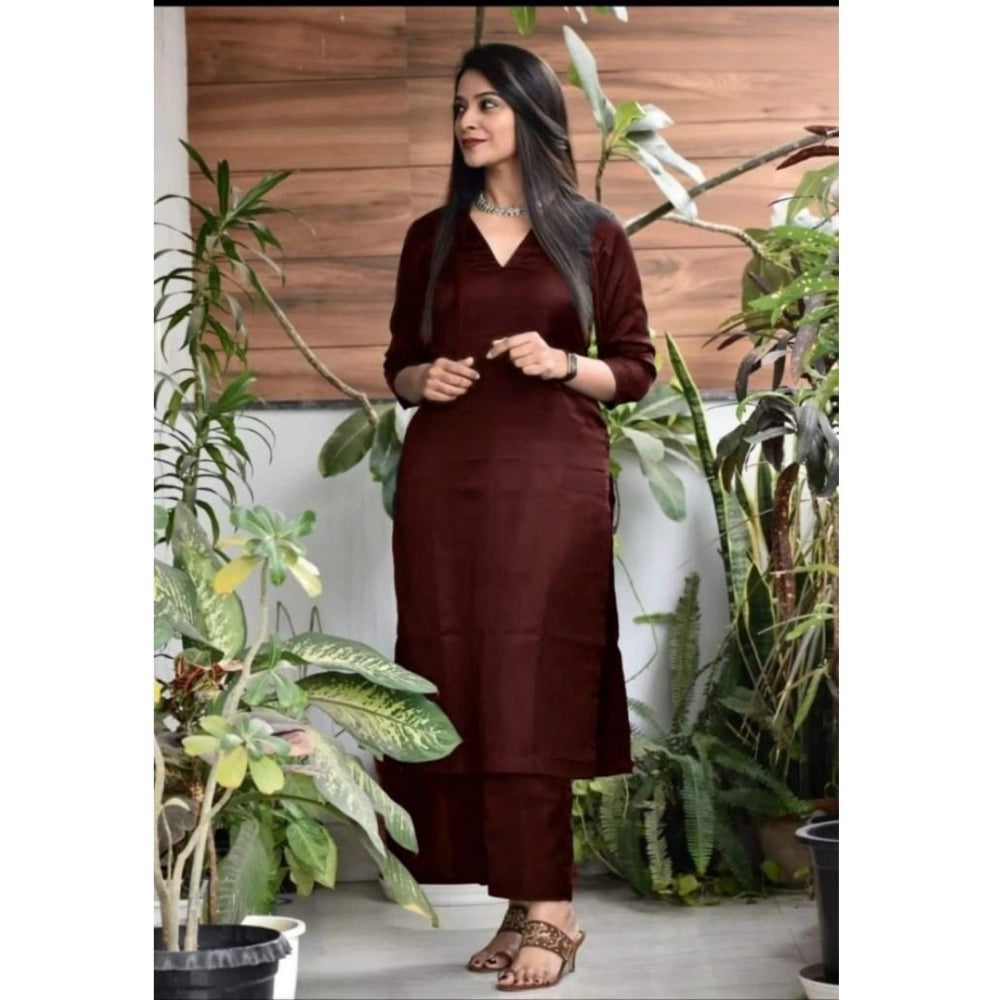 Generic Women's Casual 3/4th Sleeve Solid Jam Cotton kurti With Pant Set (Maroon)