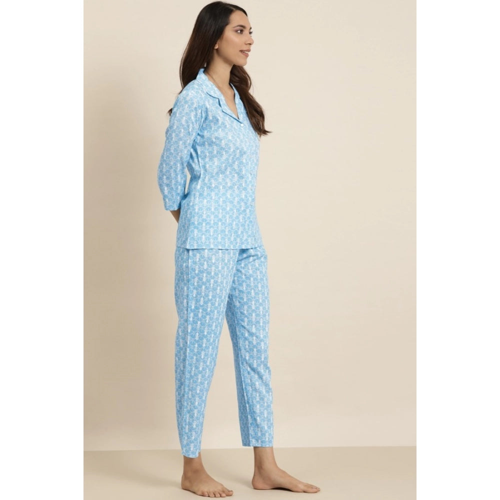 Generic Women's Casual 3/4 th Sleeve Floral Printed Rayon Shirt With Pyjama Pant Night Suit Set (Blue)