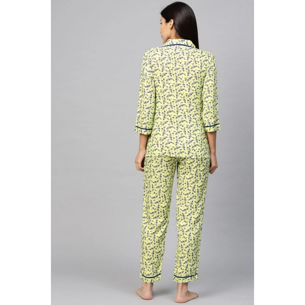 Generic Women's Casual 3/4 Sleeve Floral Printed Rayon Shirt With Pyjama Pant Night Suit Set (Green)