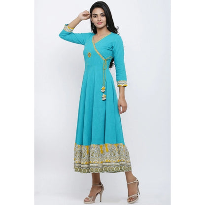 Generic Women's Casual 3/4 th Sleeve Embroidery Cotton Blend Kurti (Torque Green)