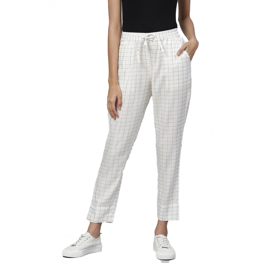 Generic Women's Casual Checked Rayon Trouser Pant (White)