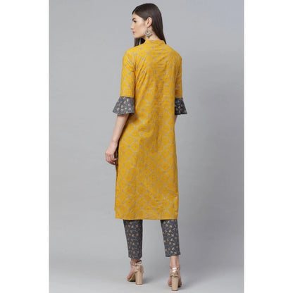 Generic Women's Casual Bell Sleeves Geomatrical Printed Cotton Kurti Set (Yellow)