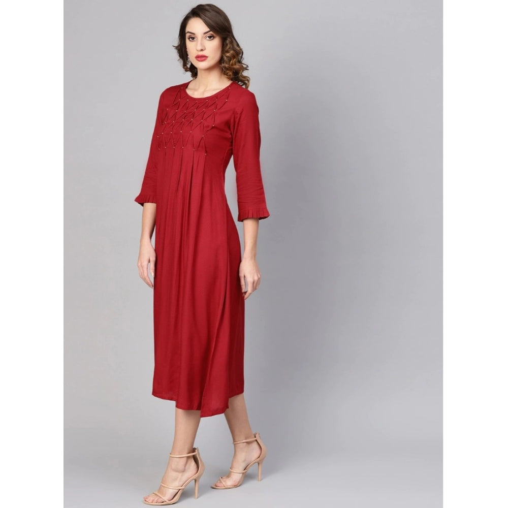 Generic Women's Casual 3/4 th Sleeve Solid Rayon Dobby Dress (Maroon)