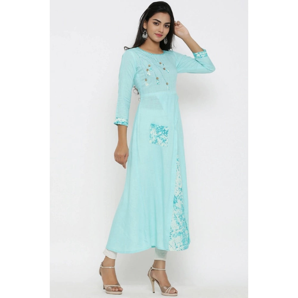 Generic Women's Casual 3/4 th Sleeve Embroidery Rayon Kurti (Sky Blue)