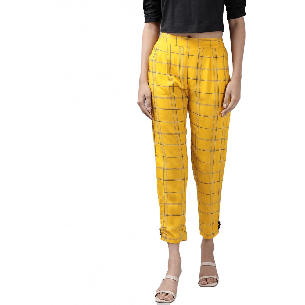 Generic Women's Casual Checked Rayon Trouser Pant (Yellow)