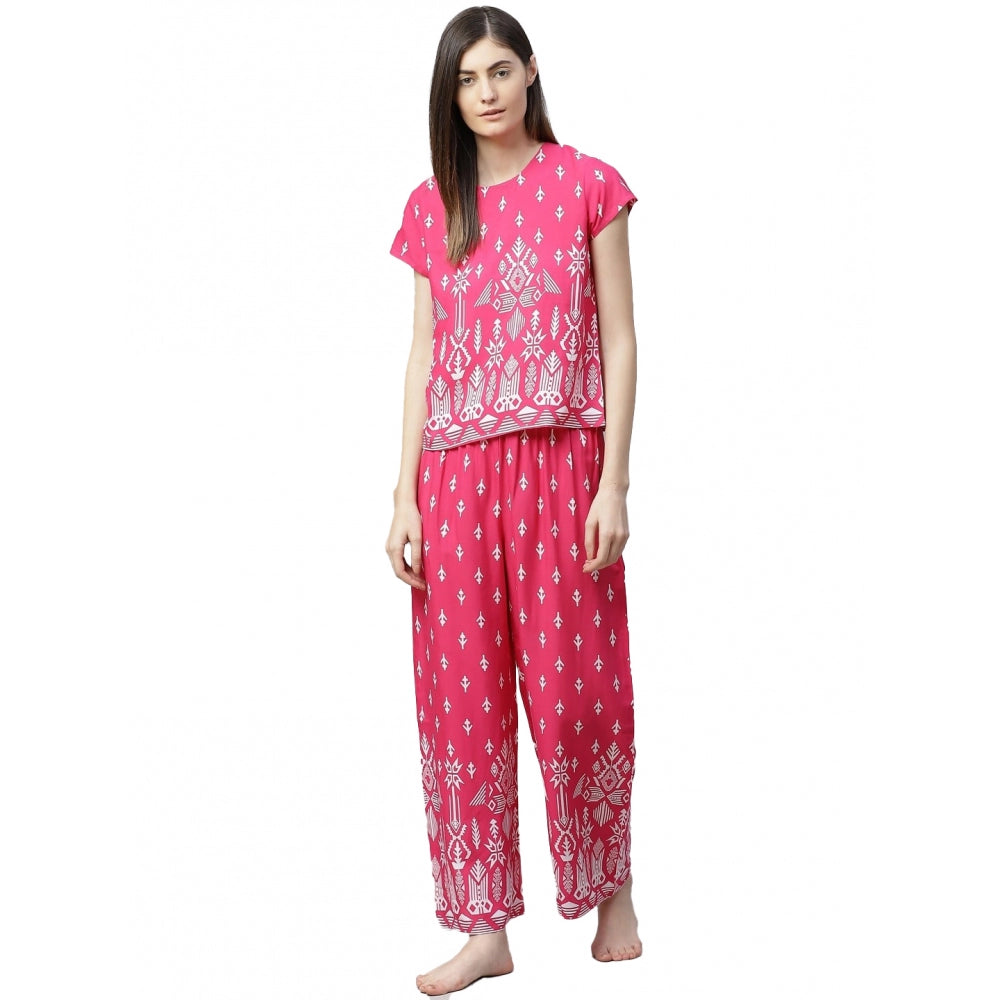 Generic Women's Casual Short Sleeve Printed Rayon Pajama Set (Pink)