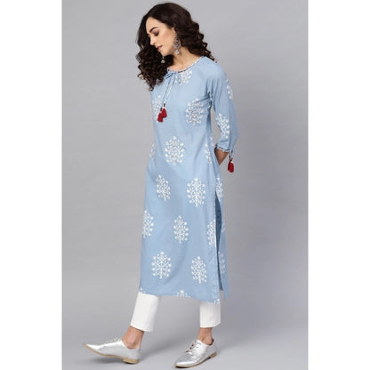 Generic Women's Casual 3/4 th Sleeve Embroidery Cambric Cotton Kurti (Blue)