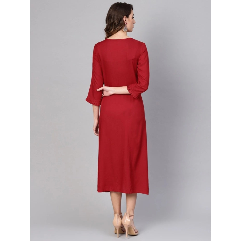 Generic Women's Casual 3/4 th Sleeve Solid Rayon Dobby Dress (Maroon)