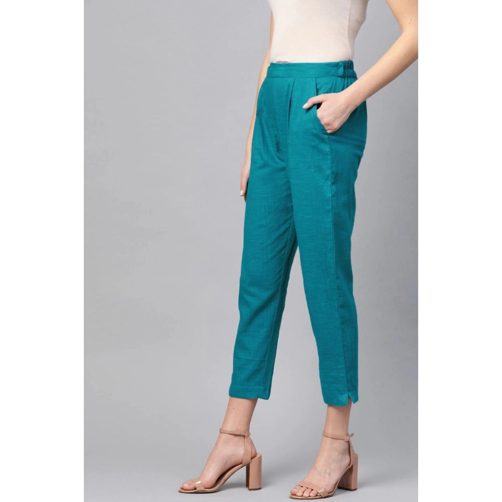 Generic Women's Casual Solid Cotton Slub Trouser Pant (Rama Blue)