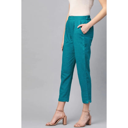 Generic Women's Casual Solid Cotton Slub Trouser Pant (Rama Blue)